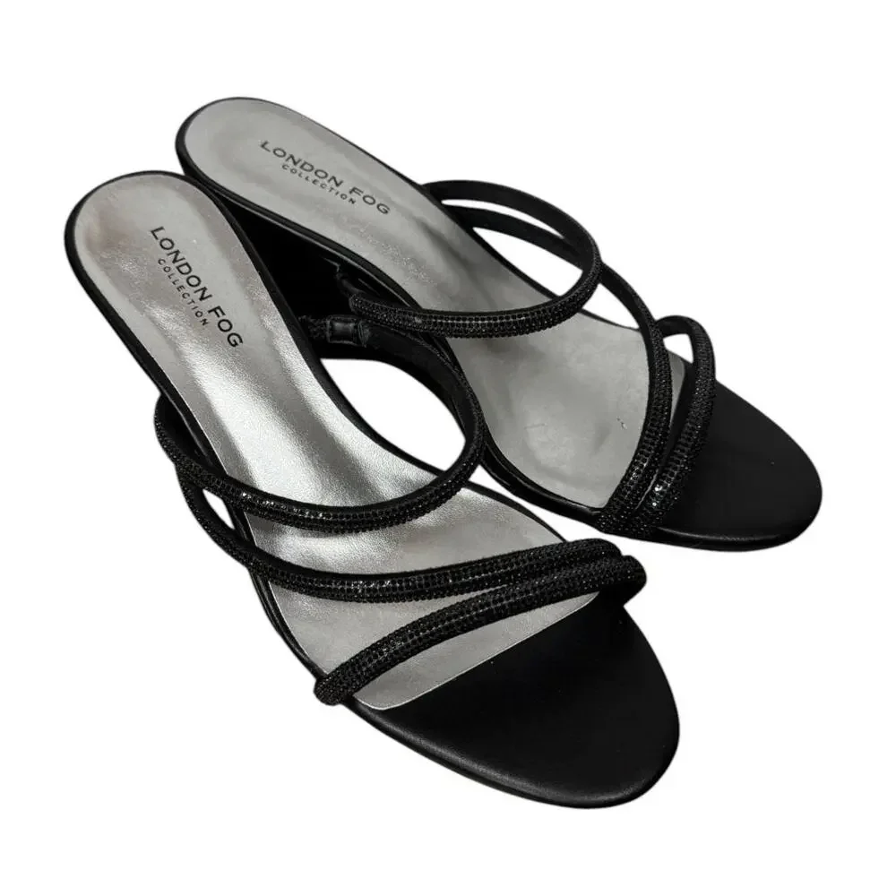 London Fog Women’s Size 7.5W Black Rhinestone Strappy Wedge Sandals